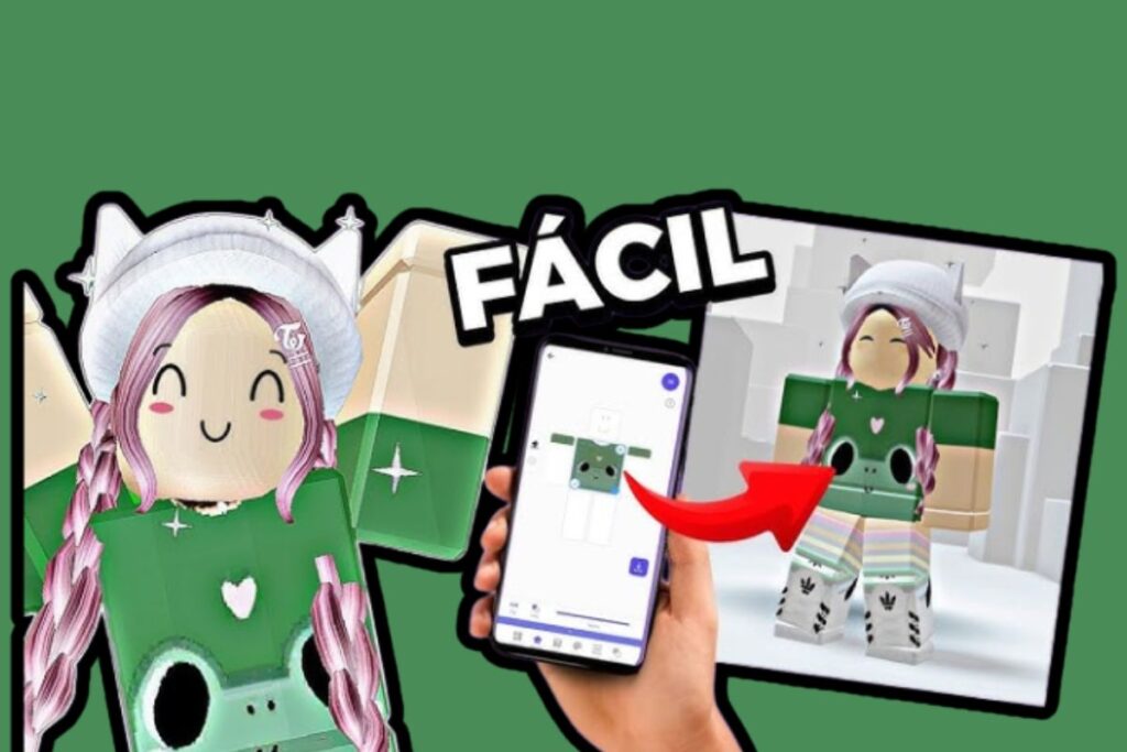 Tutorial mostrando como obter skins fáceis no Roblox em 2025, com um personagem personalizável, um celular exibindo opções de edição e a palavra "FÁCIL" em destaque.