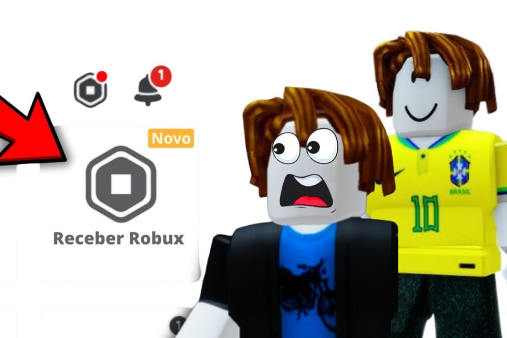 Dois personagens de Roblox reagem surpresos ao botão "Receber Robux" com uma etiqueta "Novo" e notificações, representando a busca por Robux e novidades no Roblox em 2025.