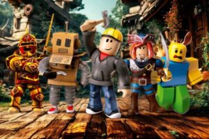 Um grupo de avatares diversificados do Roblox, incluindo um cavaleiro dourado, um robô de papelão, um construtor com martelo, um pirata e um avatar clássico do Roblox, todos com expressões e acessórios únicos, em um cenário de vila de madeira. A imagem representa a variedade de skins e a personalização possível no jogo, conectando-se à ideia de como ganhar Robux e skins naturalmente.
