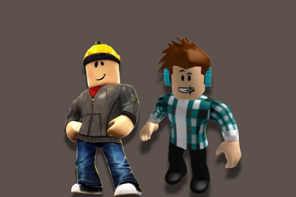Dois avatares distintos do Roblox lado a lado: um com capacete de construção amarelo, jaqueta cinza e jeans, representando um visual de 'builder'; o outro com cabelo espetado castanho e azul, fone de ouvido azul e camisa xadrez, mostrando opções de personalização de avatar. A imagem ilustra a diversidade de skins acessíveis ao ganhar Robux e skins gratuitamente.