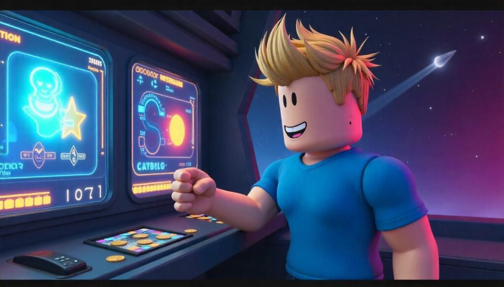 Personagem de Roblox loiro com camiseta azul jogando em uma estação espacial com interfaces futuristas e a palavra "CAYBLO" visível em uma tela, representando a busca por Robux e skins no Roblox em 2025.