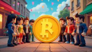 Grupo de personagens Roblox ao redor de uma grande moeda dourada com um símbolo estilizado, em uma rua festiva com bandeirolas, simbolizando a comunidade e a economia de Robux e skins no Roblox em 2025.
